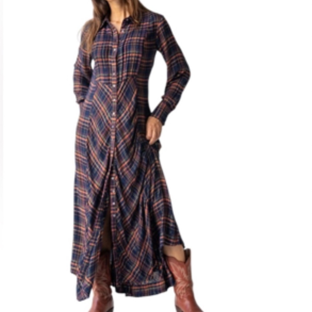 Natural Life Hailee Plaid Metallic Maxi Shirt Dress Medium Country Boho Western